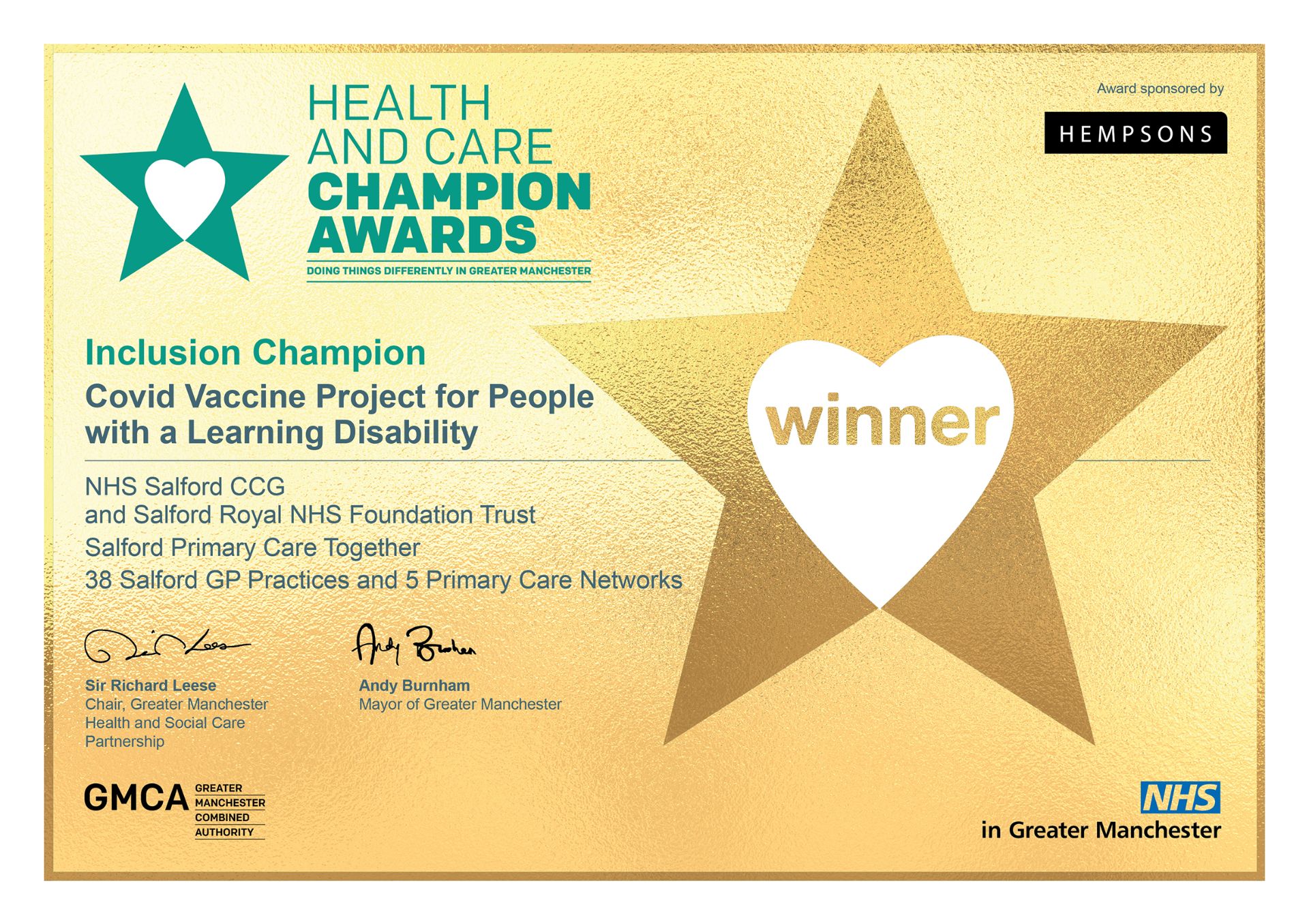 GM Health and Care Champion Award certificate for Salford's Inclusion Champions